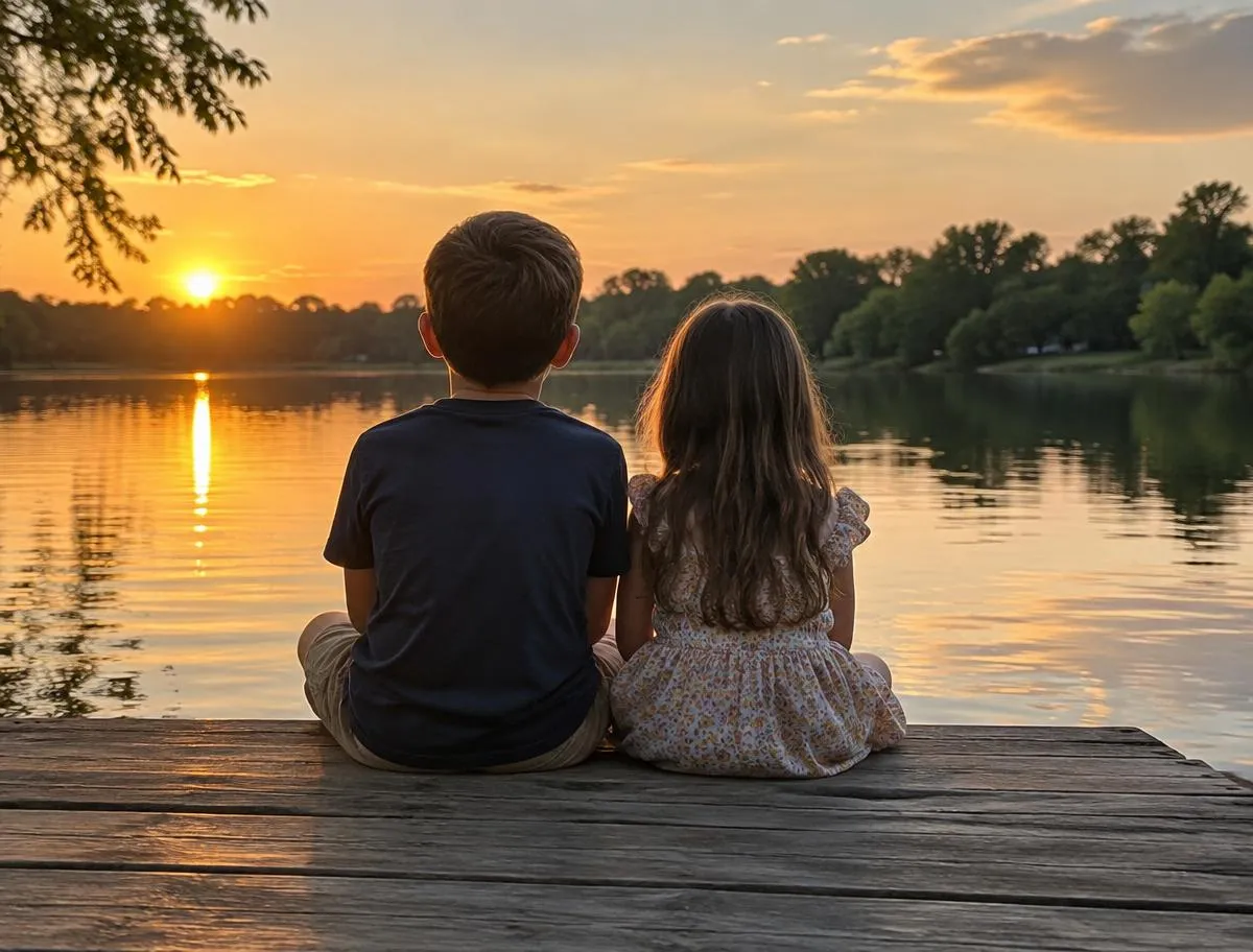 Two children sitting together by a North Texas lake at sunset