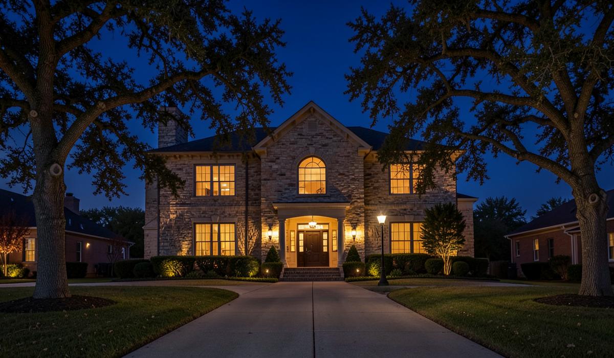 A stately North Texas home at dusk